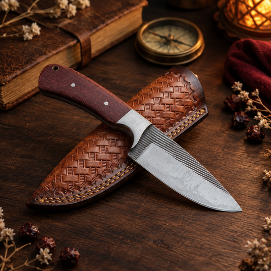 Handcrafted 8.5-Inch Carbon Steel Collector Knife – Crimson Timber Handle with Leather Sheath