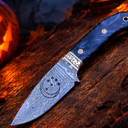 Handcrafted Damascus Steel Collector Knife – Engraved Crescent Moon Motif, Purple Resin Handle with Leather Sheath