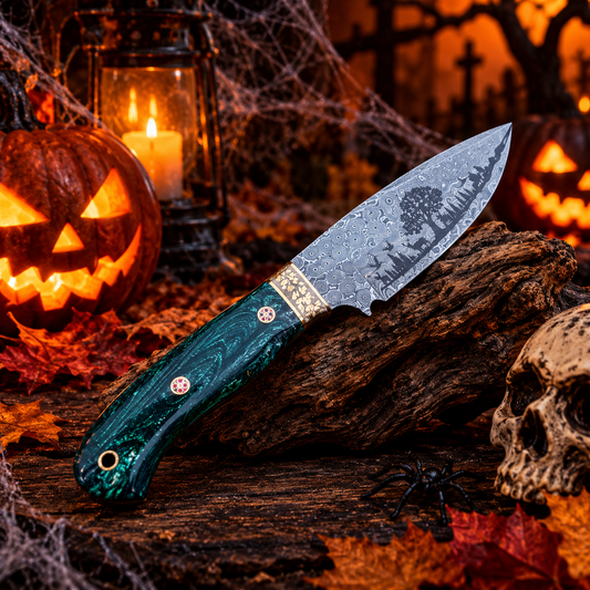 Handcrafted Damascus Steel Collector Knife – Engraved Tree Motif, Green Resin Handle with Leather Sheath