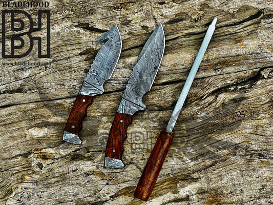 Damascus Hunting Set 3 Pc | Guthook Skinner & Sharpener | Handcrafted in USA