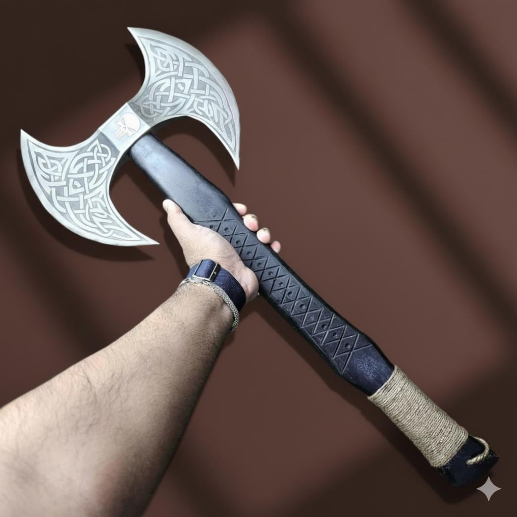 Viking Style Double-Blade Axe | Intricately Engraved Collectible | Norse Knotwork Handle