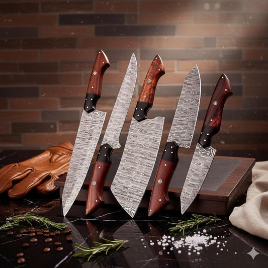 Damascus Chef Knife Set | Hand Forged Big Kitchen Knives | Rosewood Handle