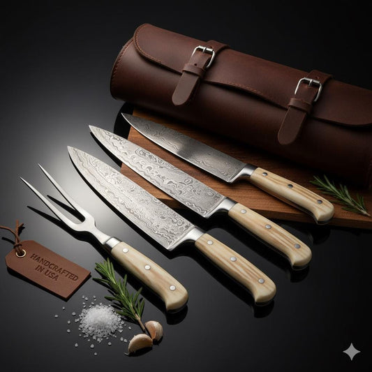 Damascus Brisket Knife Set 5pc | Steak Knife & Carving Fork | Leather Roll