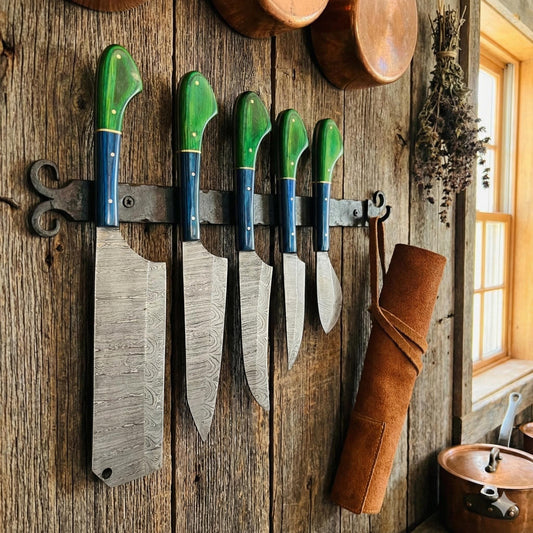 5 Pc Damascus Steel Knife Set | Green & Blue Wood Handle | Kitchen accessories