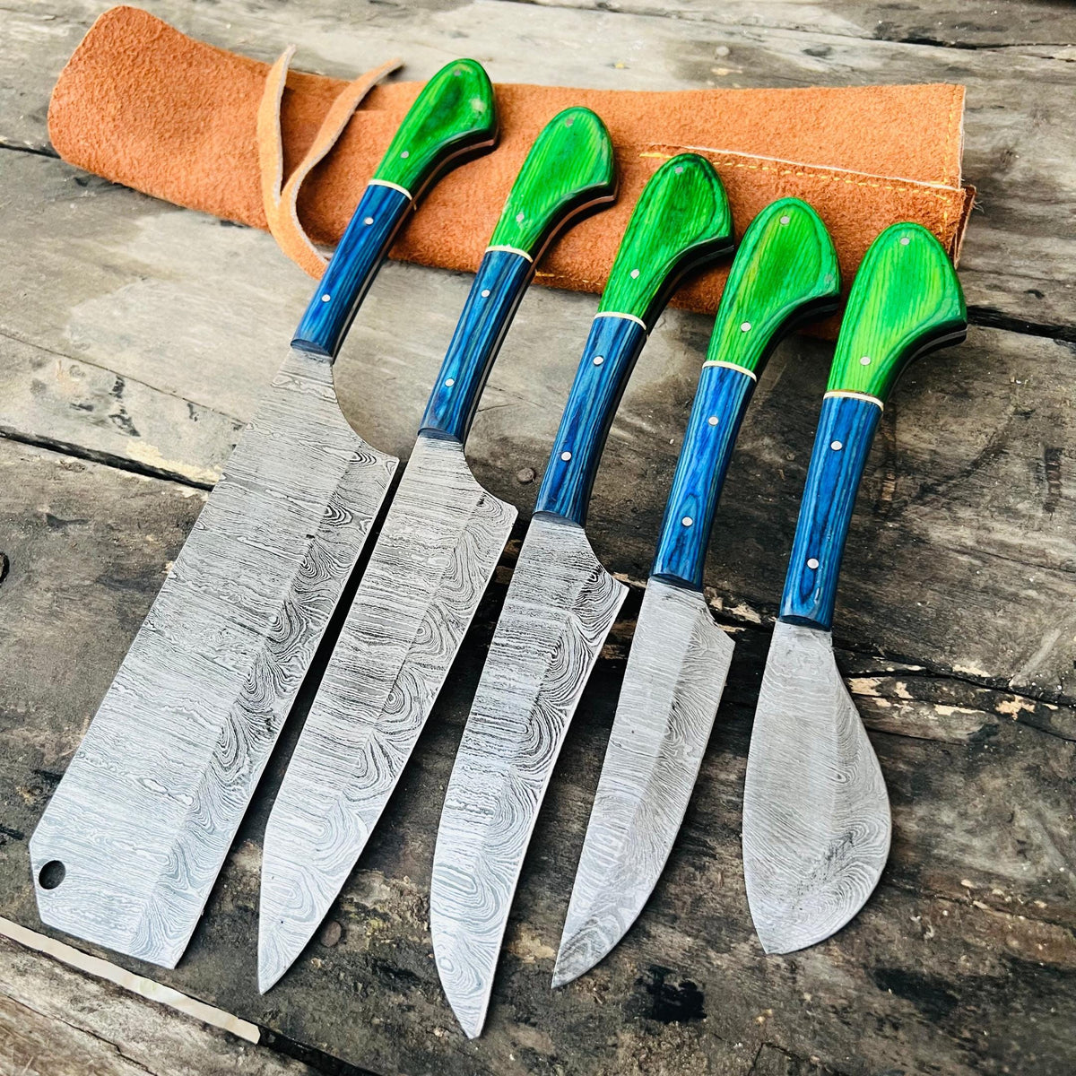 5 Pc Damascus Steel Knife Set | Green & Blue Wood Handle | Kitchen accessories