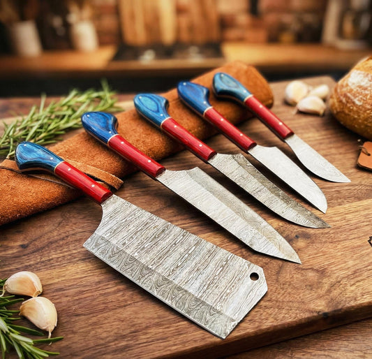 Handcrafted 5-Piece Damascus Steel Chef Knife Set – Red & Blue Resin Handles with Leather Roll