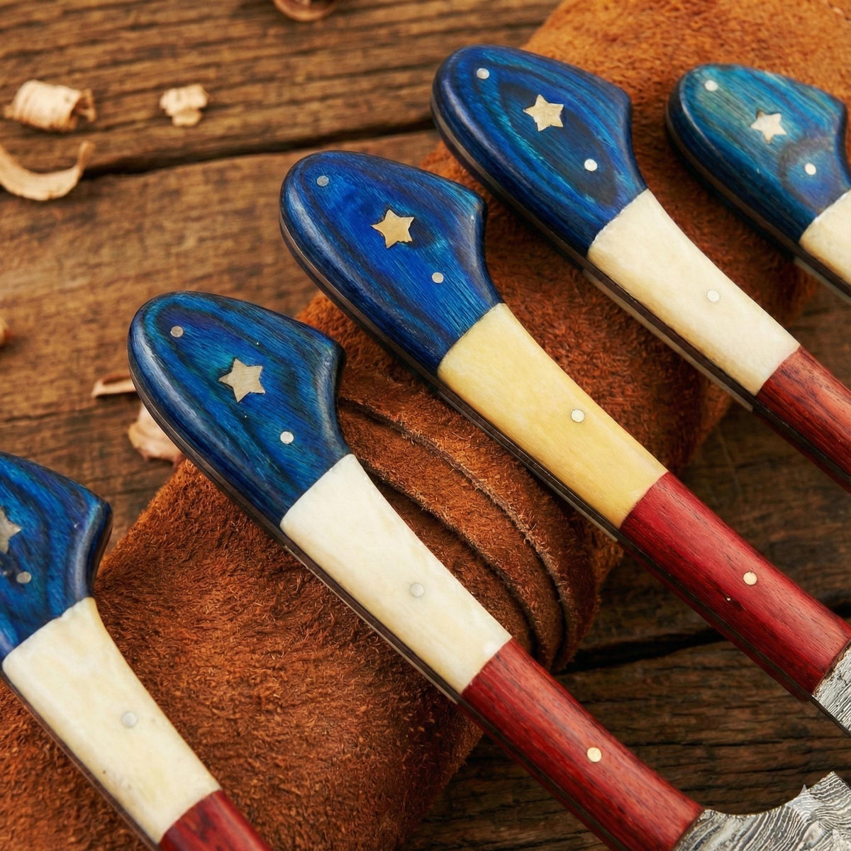 Handcrafted 5-Piece Damascus Steel Chef Knife Set – Red, White & Blue Composite Handles with Leather Roll