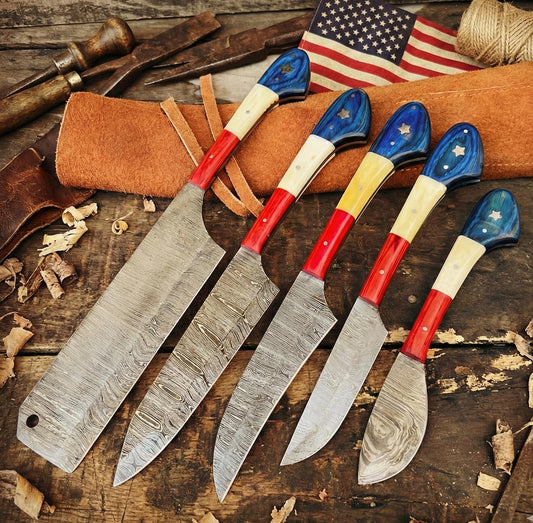 Handcrafted 5-Piece Damascus Steel Chef Knife Set – Red, White & Blue Composite Handles with Leather Roll