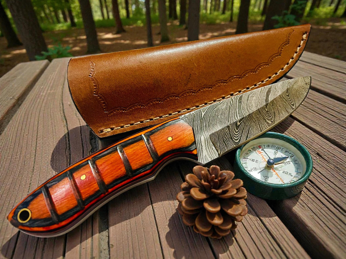 Hand-Forged Damascus Steel Fixed Blade Art | Wood Handle Executive Gift