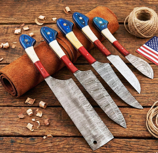 5-Piece Hand-Forged Damascus Chef Set | Red White Blue Patriotic 2026 Gift