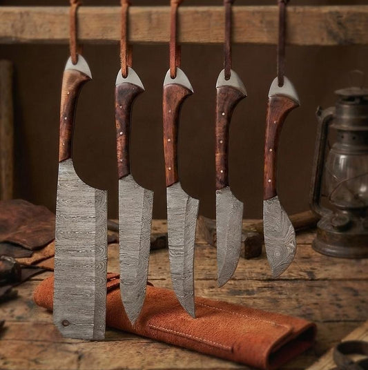 5-Piece Hand-Forged Damascus Chef Set | Natural Wood Handle Executive 2026 Gift