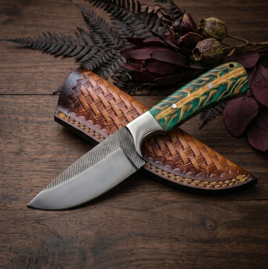 9" Custom Handcrafted File Steel Collector Knife – Burl Resin Handle & Leather Sheath