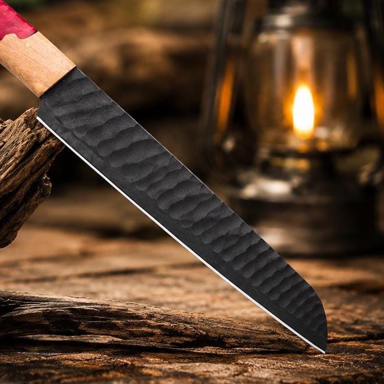 Hand Forged Carbon Steel Utility Blade, Ruby Swirl Resin & Wood Grip, Stamped Leather Scabbard