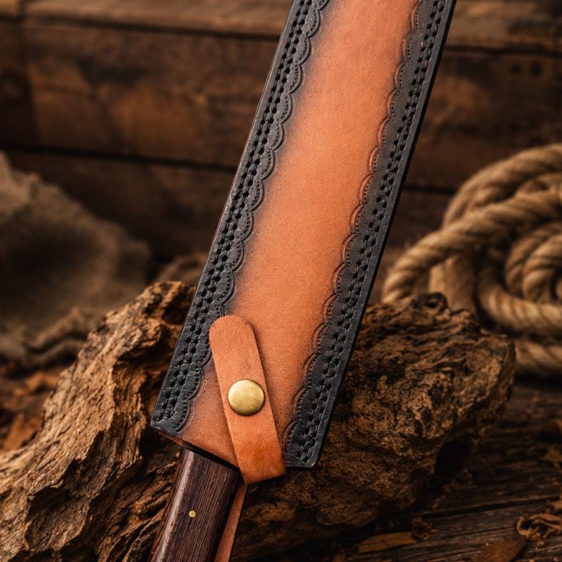 Hand Forged Kitchen Cleaver Knife with Textured Black Blade & Custom Leather Sheath
