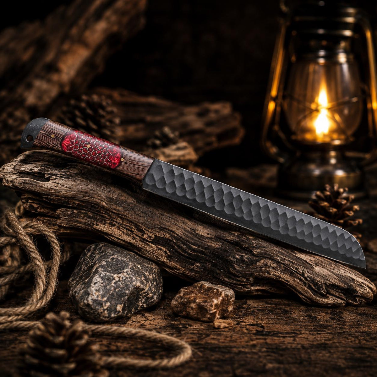 Hand Crafted Hammered Carbon Steel Utility Blade, Ruby Honeycomb Resin & Wood Handle, Collector Piece
