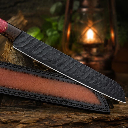 Artisan Hammered Carbon Steel Utility Blade, Ruby Swirl Resin & Wood Handle, Leather Sheath