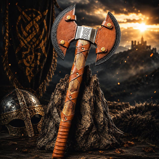 Engraved Norse Double-Headed Axe | Cross-Strapped Ash Wood Haft with Leather Sheaths