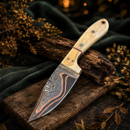 Cu-Mai Damascus Skinner Tool, Polished Bone & Brass Handle with Cross-Draw Leather Sheath