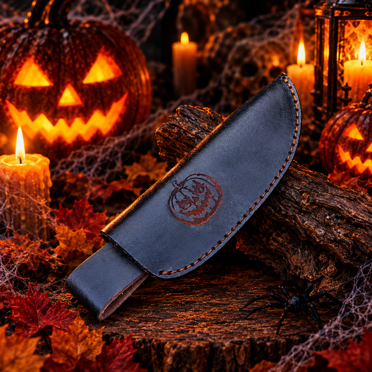Handcrafted Damascus Steel Collector Knife – Raindrop Pattern, Orange & Black Resin Handle with Leather Sheath