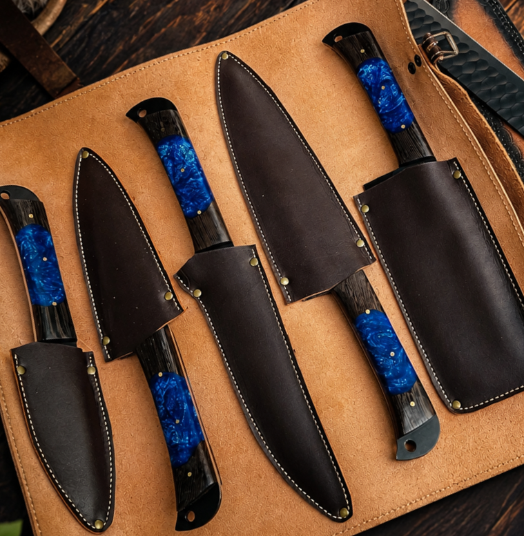 Sapphire Resin Kitchen Knife Set with Black Blades & Custom Leather Roll-Up Case