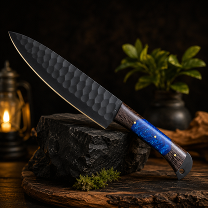 Sapphire Resin Kitchen Knife Set with Black Blades & Custom Leather Roll-Up Case
