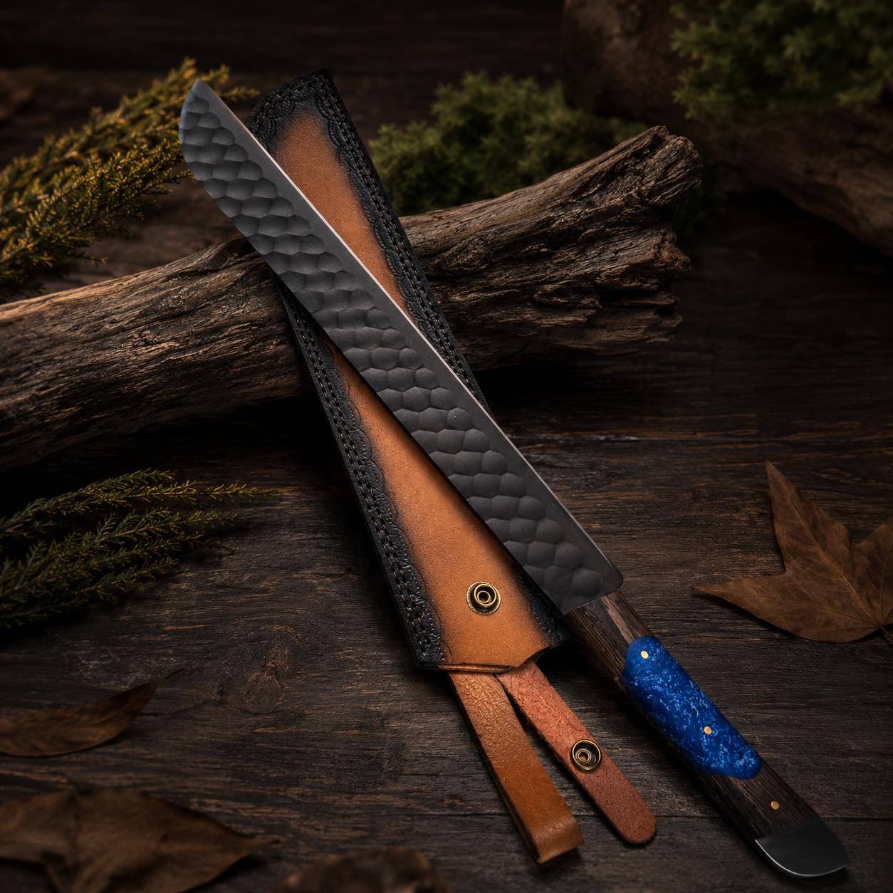 Sapphire Resin Kitchen Knife Set with Black Blades & Custom Leather Roll-Up Case