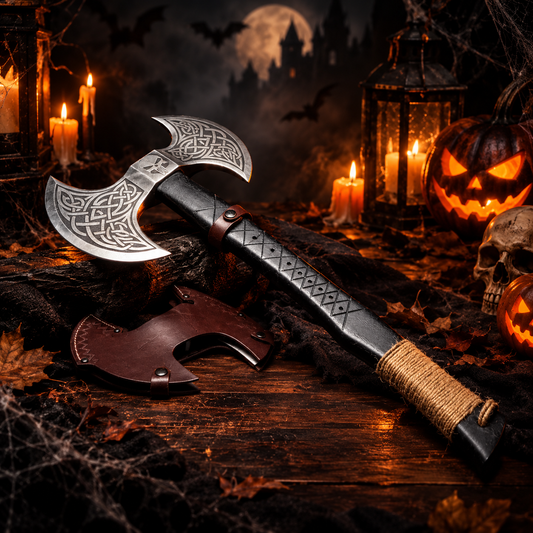 22" Handcrafted Double-Bit Norse Display Axe – Engraved Carbon Steel with Leather Sheath