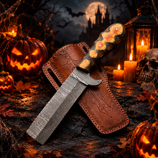 Handcrafted Damascus Steel Collector Knife – Sculpted Layered Wood Handle & Leather Sheath