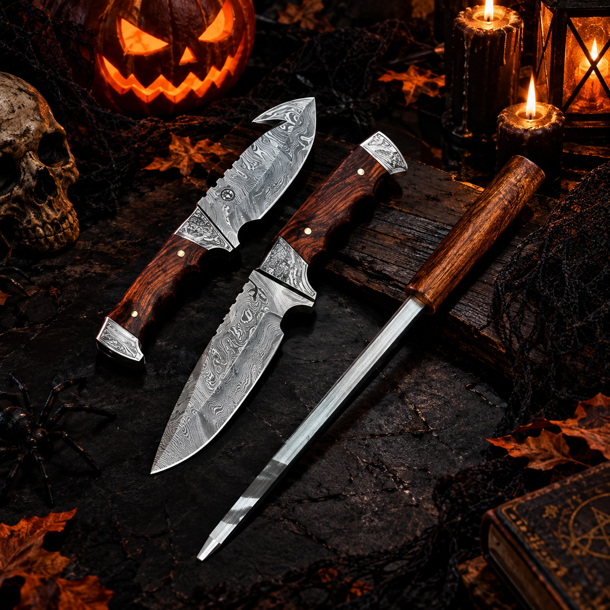 Handcrafted 3-Piece Damascus Steel Collector Knife Set with Rosewood Handles & Leather Sheath
