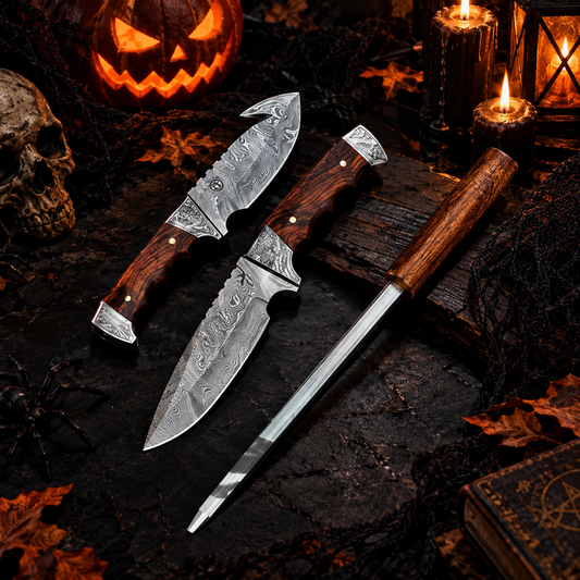 Handcrafted 3-Piece Damascus Steel Collector Knife Set with Rosewood Handles & Leather Sheath