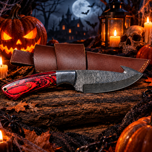 9" Handcrafted Damascus Steel Collector Knife – Crimson Wood Handle with Leather Sheath