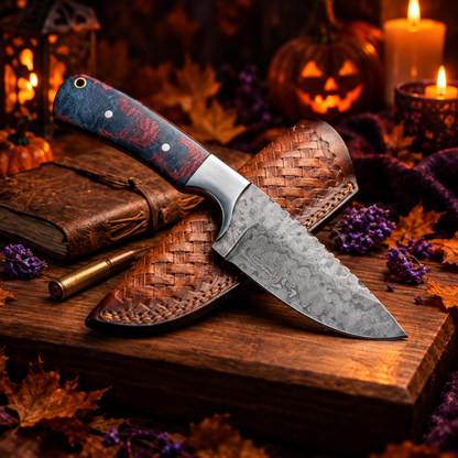 8.5" Custom Handcrafted Damascus Steel Collector Knife – Nebula Composite Handle with Leather Sheath