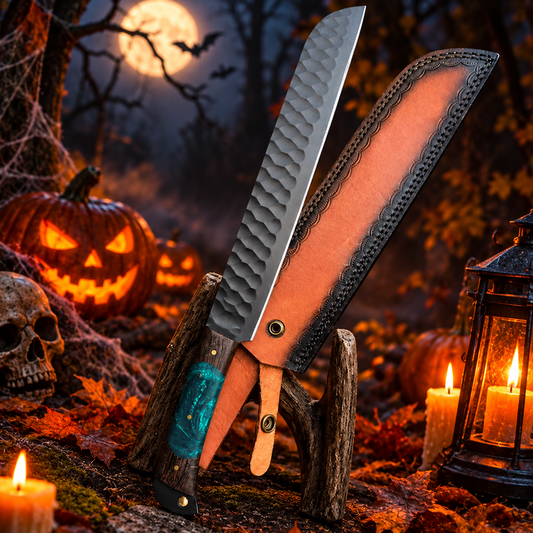 Custom Handcrafted High-Carbon Steel Collector Cleaver – Teal Resin Handle with Leather Sheath
