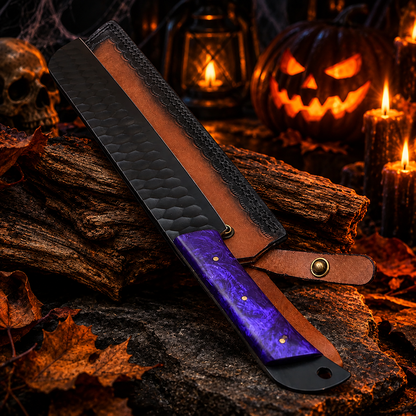 Handcrafted High-Carbon Steel Kitchen Cleaver – Purple Marbled Resin Handle with Leather Sheath