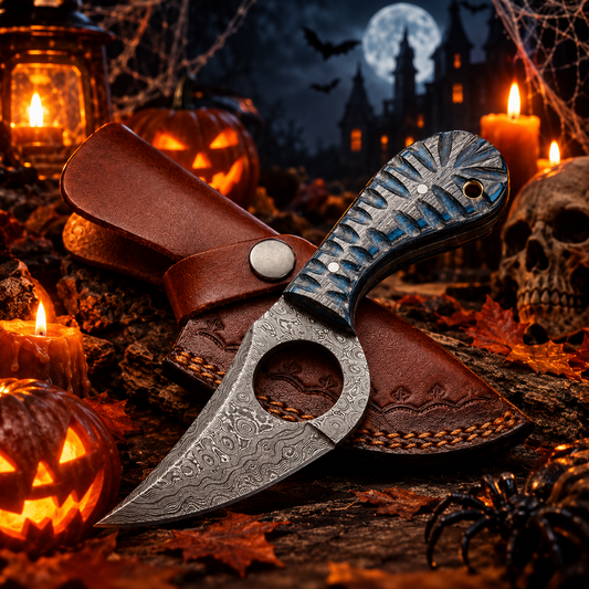 7.5" Custom Handcrafted Damascus Steel Collector Knife – Fluted Sapphire Resin Handle with Leather Sheath