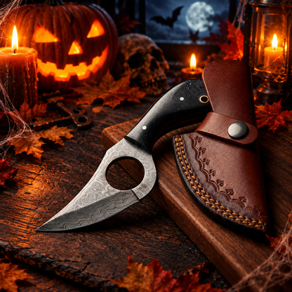 7.5" Handcrafted Damascus Steel Collector Knife – Dark Hardwood Handle with Leather Sheath