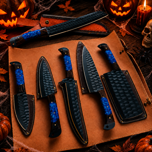 Handcrafted Chef Knife Set with Textured Black Blades – Sapphire Blue Resin Handles & Leather Roll