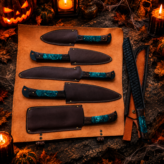 Handcrafted High-Carbon Steel Chef Knife Set – Emerald Swirl Resin & Wood Handles with Leather Roll