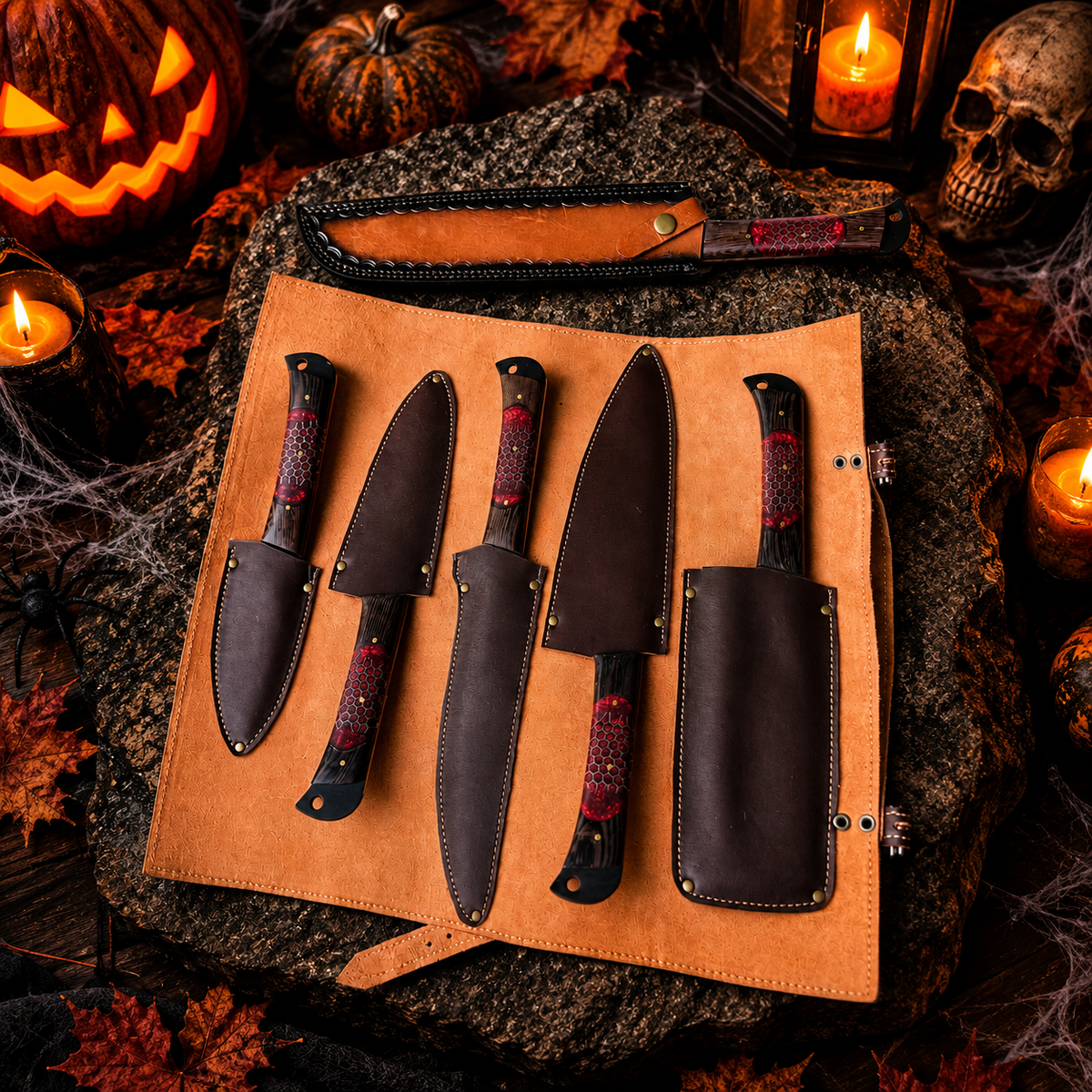 Handcrafted High-Carbon Steel Chef Knife Set – Crimson Honeycomb Resin & Wood Handles with Leather Roll