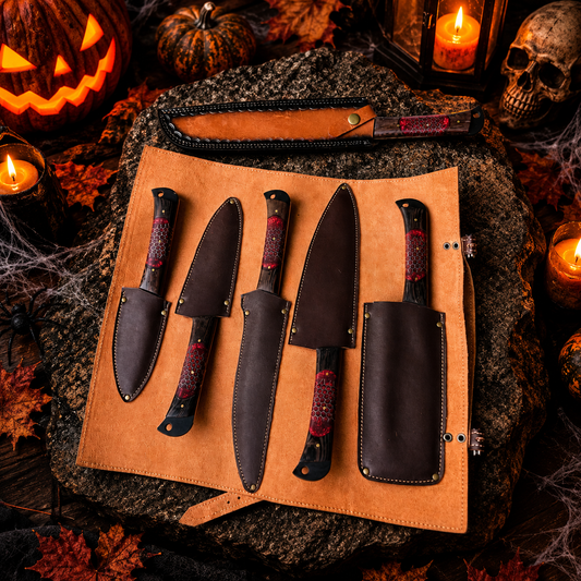 Handcrafted High-Carbon Steel Chef Knife Set – Crimson Honeycomb Resin & Wood Handles with Leather Roll