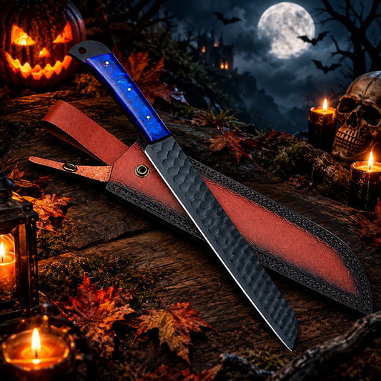 Handcrafted High-Carbon Steel Kitchen Slicing Knife – Cobalt Blue Resin Handle with Leather Sheath