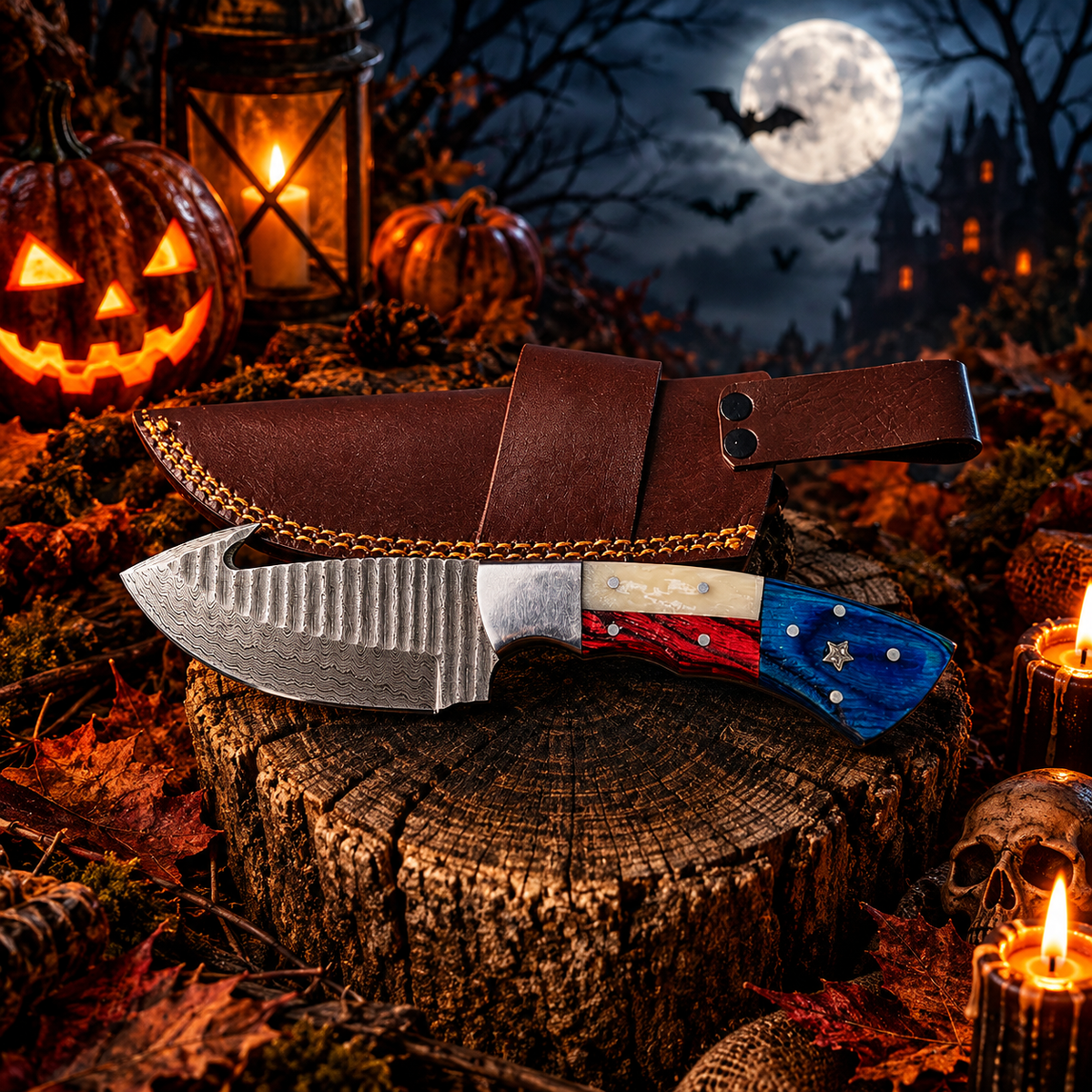 9" Handcrafted Damascus Steel Collector Knife – Tricolor Resin Handle with Leather Sheath
