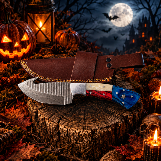 9" Handcrafted Damascus Steel Collector Knife – Tricolor Resin Handle with Leather Sheath