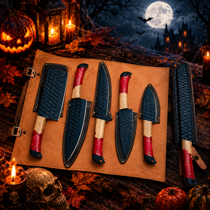 Handcrafted High-Carbon Steel Chef Knife Set – Crimson Resin & Wood Handles with Leather Roll