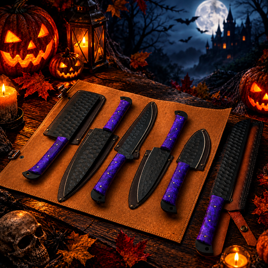 Handcrafted High-Carbon Steel Chef Knife Set – Purple Marbled Resin Handles with Leather Roll