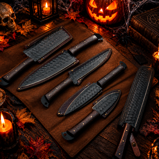 Handcrafted High-Carbon Steel Chef Knife Set – Textured Black Finish & Wenge Wood Handles with Leather Roll