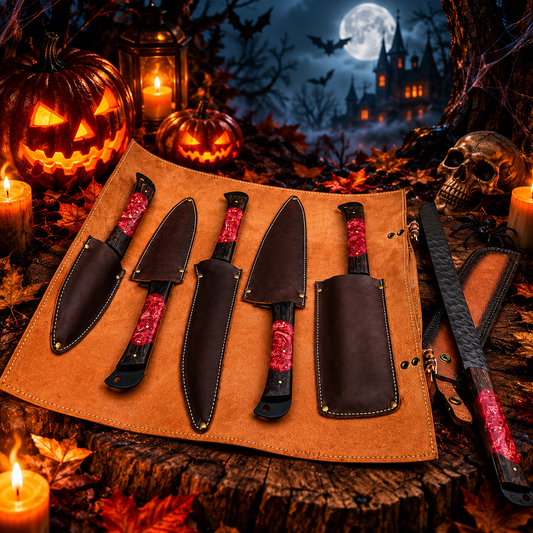Handmade Forged High-Carbon Steel Chef Knife Set – Red Marbled Resin Handles with Leather Roll