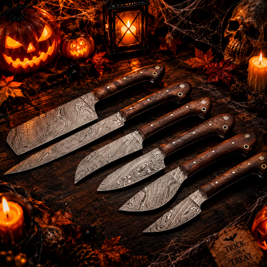 6-Piece Hand-Forged Damascus Steel Chef Knife Set – Walnut Wood Handles with Leather Roll