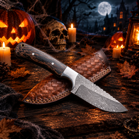Handcrafted Damascus Steel Collector Knife – Dark Hardwood Handle with Basket-Weave Leather Sheath