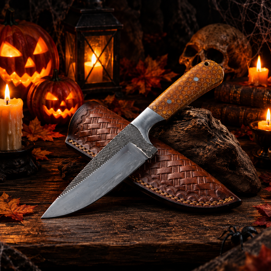 Custom Hand-Forged High-Carbon Steel Collector Knife – Honeycomb Resin Handle with Leather Sheath